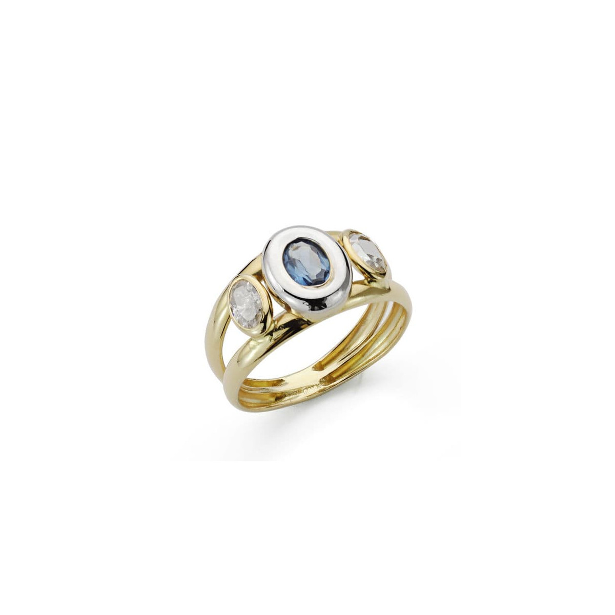 9K SORTIJA ORO BICOLOR PIEDRA DOBLE CUERPO CON CIRCONITA AGUAMARINA OVAL EN BOCEL. ANCHO: 10 MM