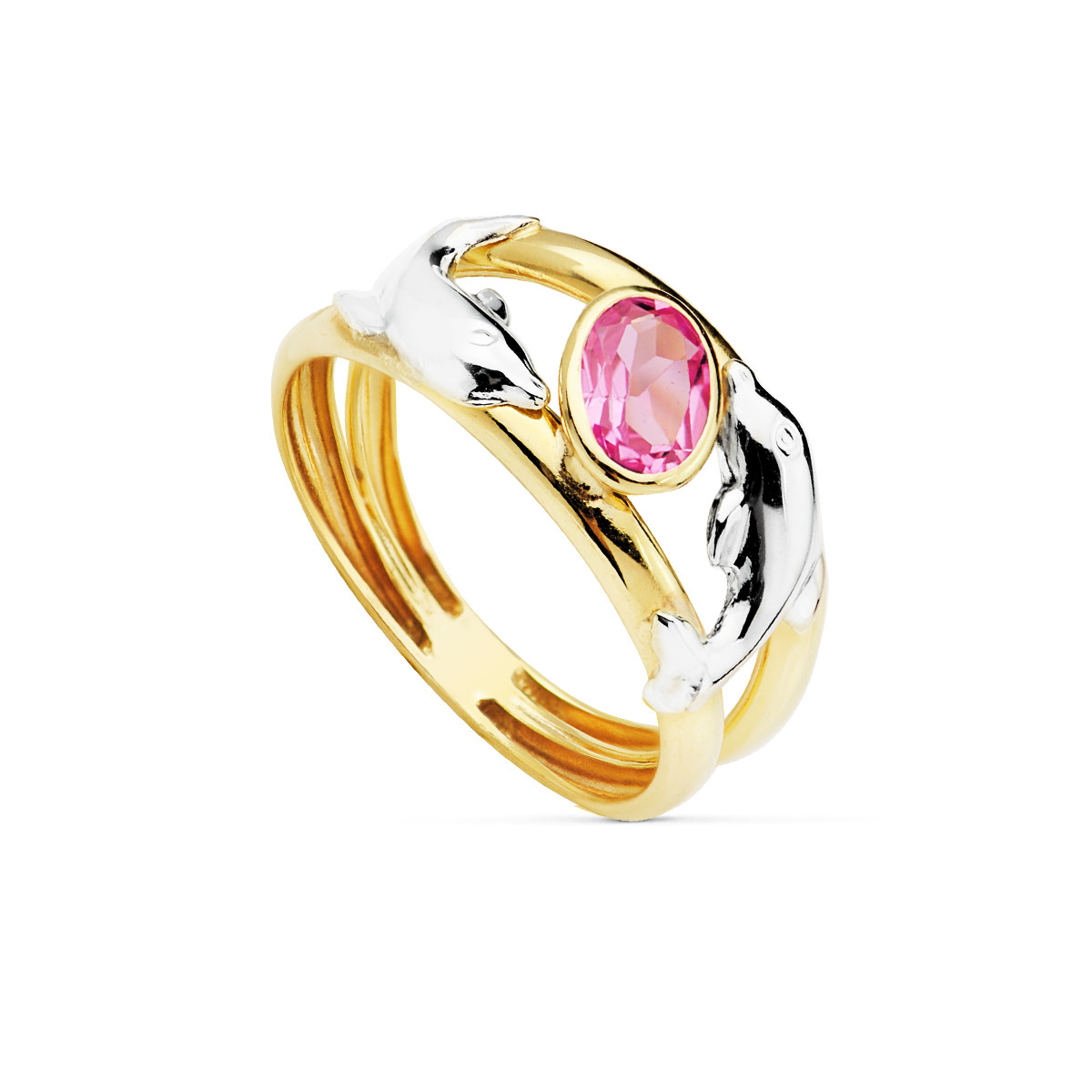 9K SORTIJA ORO BICOLOR DOBLE CUERPO CON DELFINES Y CIRCONITA ROSA OVAL. ANCHO: 10 MM