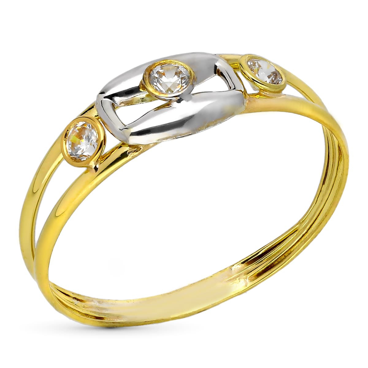 9K SORTIJA ORO BICOLOR DOBLE CUERPO MOTIVO CON CIRCONITAS. ANCHO: 6 MM