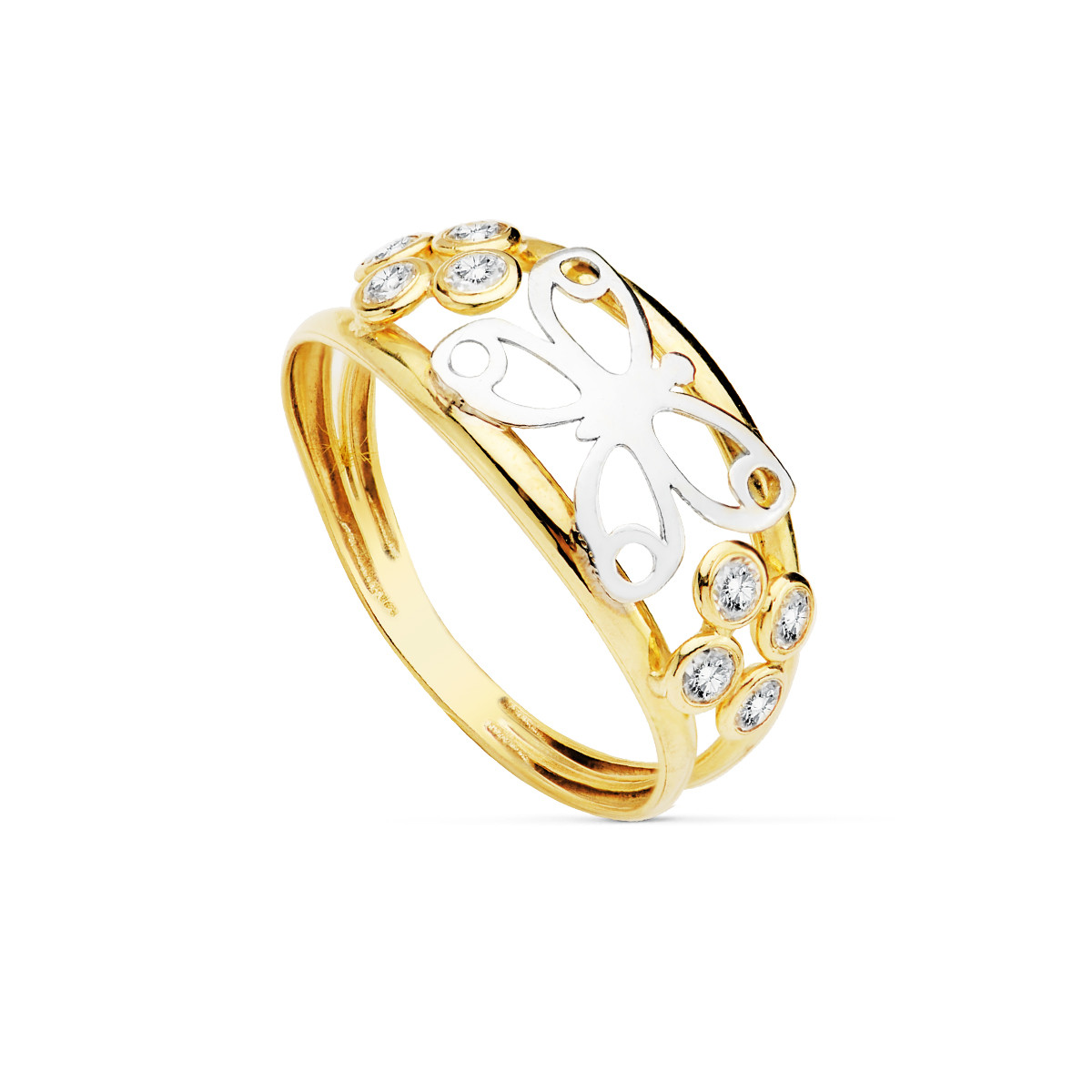 9K SORTIJA ORO BICOLOR DOBLE CUERPO CON MARIPOSA CALADA Y CIRCONITAS. ANCHO: 9 MM