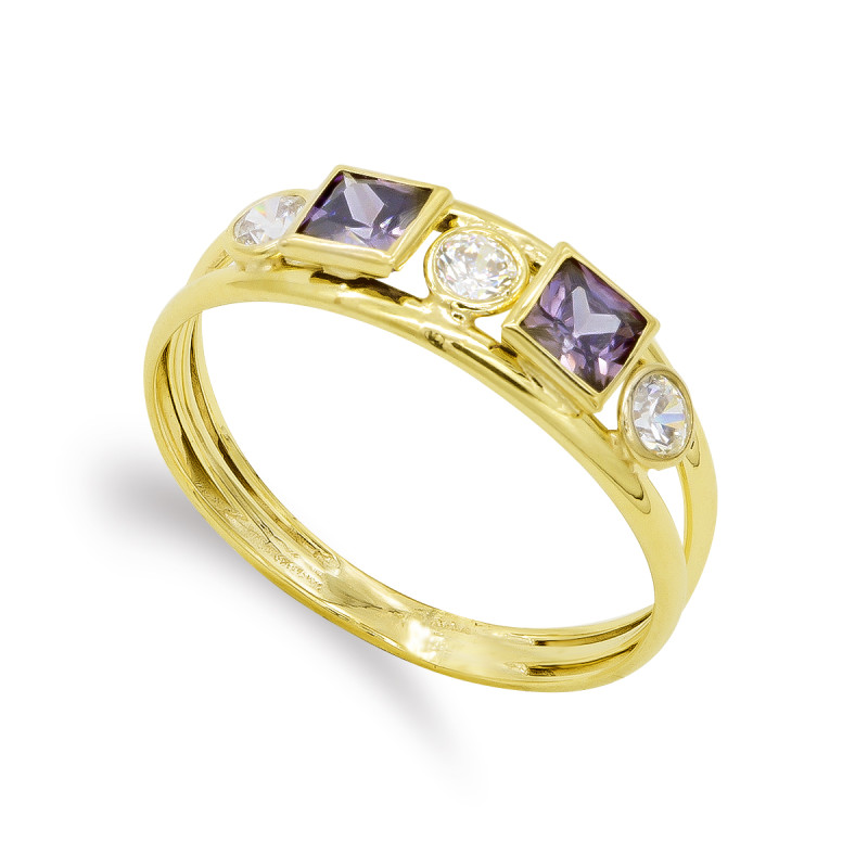 9K SORTIJA ORO AMARILLO DOBLE CUERPO CON CIRCONITAS BLANCAS Y COLOR AMATISTA. ANCHO: 4 MM