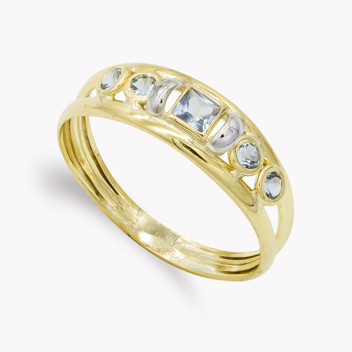 9K SORTIJA ORO AMARILLO DOBLE CUERPO CON AGUAMARINA CUADRADA Y REDONDAS. ANCHO: 5 MM