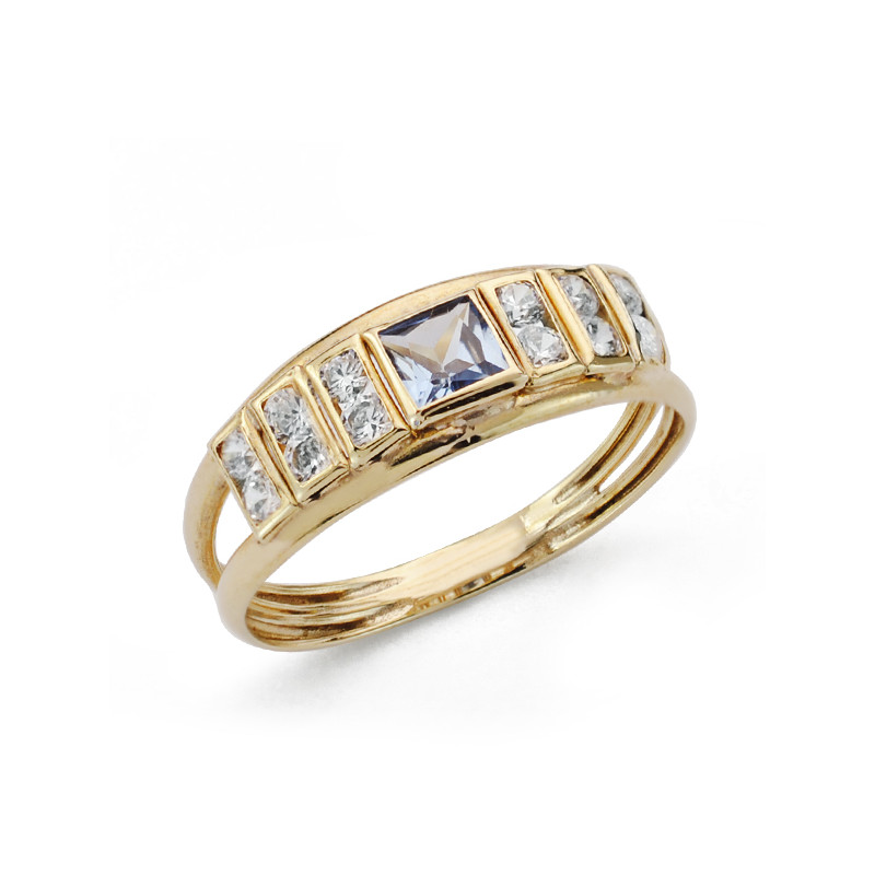 9K SORTIJA ORO AMARILLO DOBLE CUERPO CON AGUAMARINA CUADRADA Y CIRCONITAS. ANCHO: 6 MM