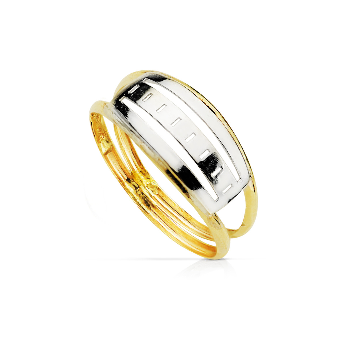 9K SORTIJA ORO BICOLOR DOBLE CUERPO CON MOTIVO CALADO. ANCHO: 7,5 MM