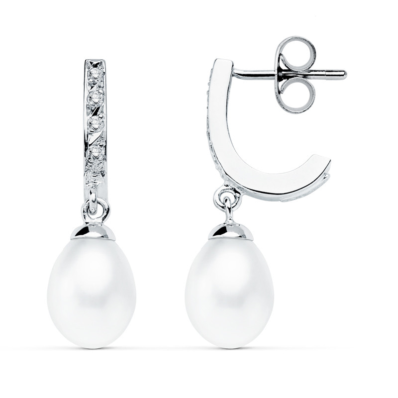 9K PENDIENTES ORO BLANCO PERLA 25X7 MM CIERRE PRESION