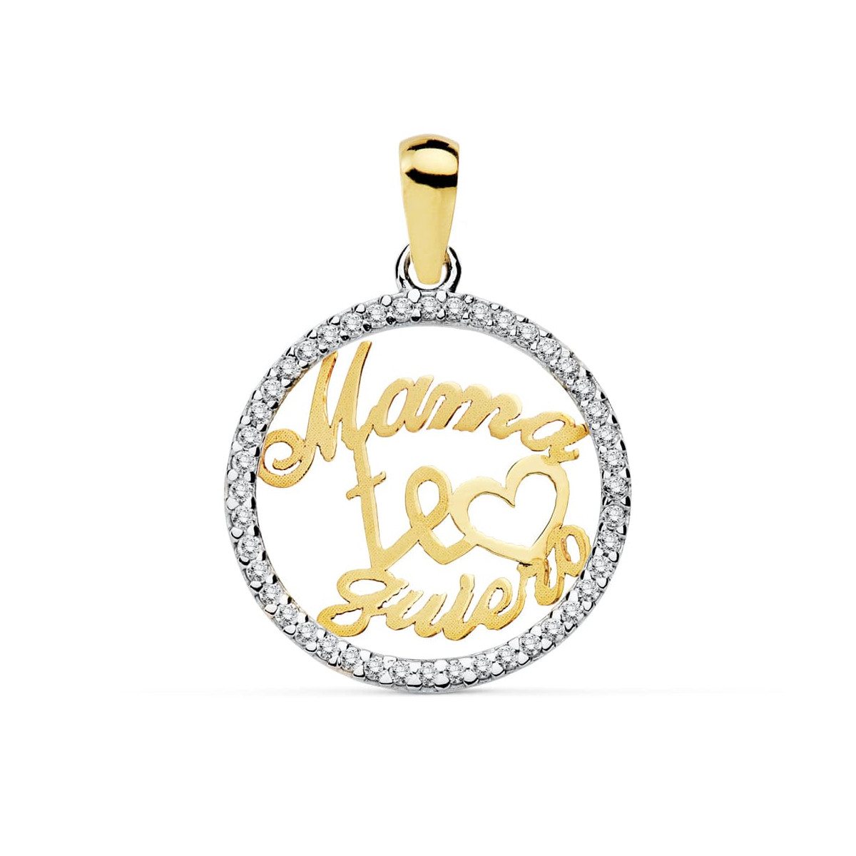 9K COLGANTE ORO BICOLOR MAMA TE QUIERO CON CIRCONITA 16 MM