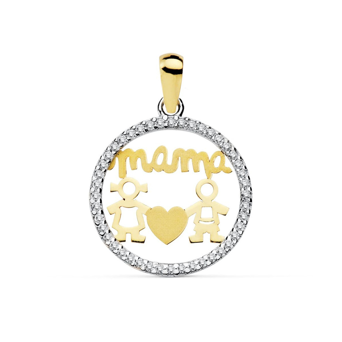 9K COLGANTE BICOLOR MAMA NIÑO Y NIÑA CIRCONITA 16 MM