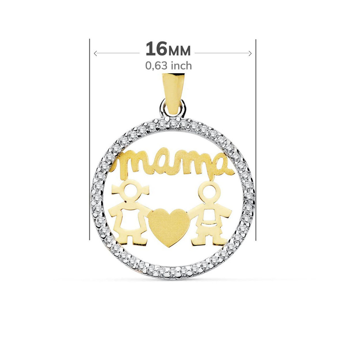 9K COLGANTE BICOLOR MAMA NIÑO Y NIÑA CIRCONITA 16 MM