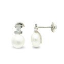 9K PENDIENTES ORO BLANCO PERLA CIRCONITA 10X6 MM CIERRE TUERCA
