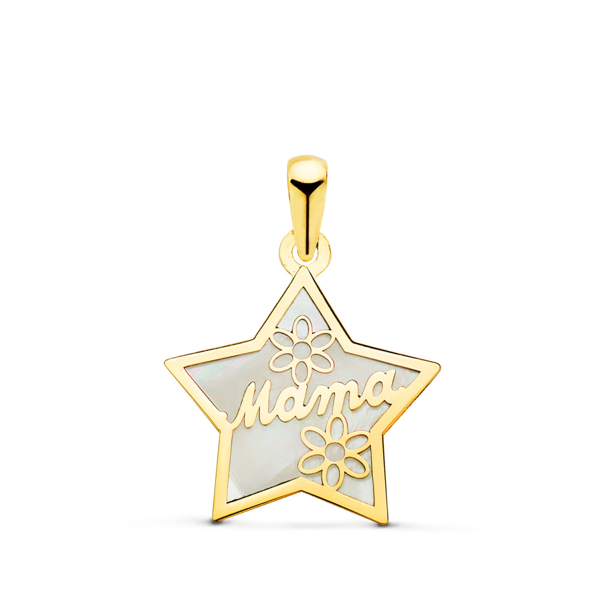 18K COLGANTE DE NACAR FORMA ORO AMARILLO  DE ESTRELLA Y MAMA CON FLORES 16X15MM