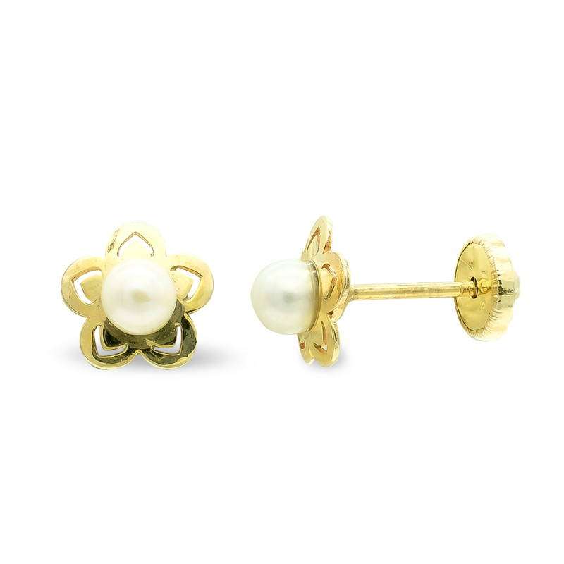 9K PENDIENTES ORO AMARILLO FLOR 7 MM Y PERLA 3.5MM CIERRE TUERCA