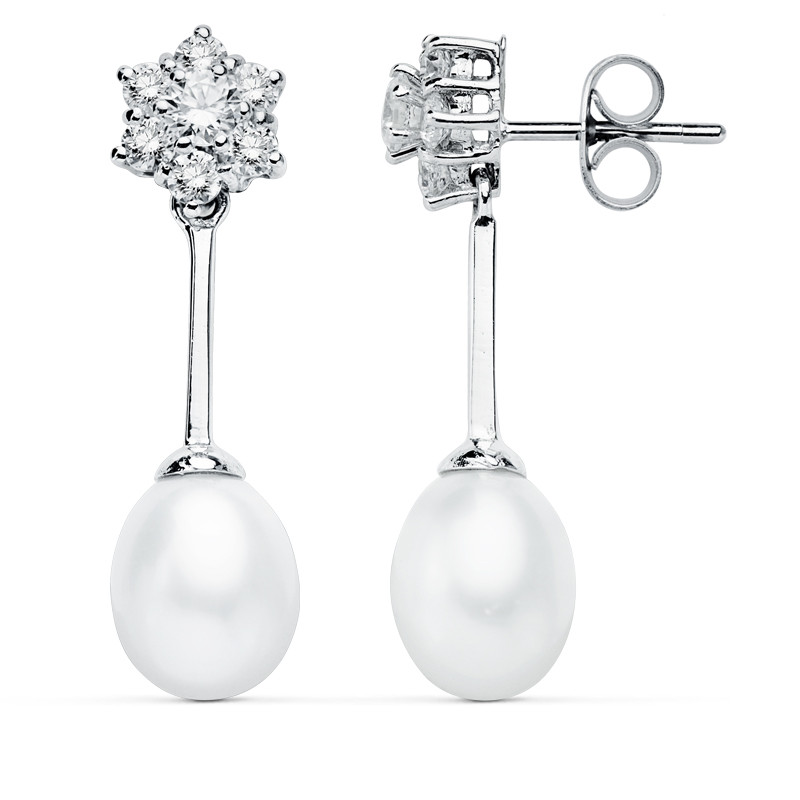 9K PENDIENTES ORO BLANCO PERLA 30X8 MM CIERRE PRESION