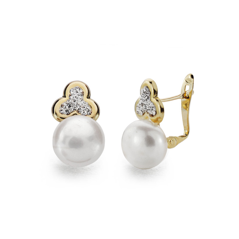 9K PENDIENTES ORO AMARILLO TREBOL Y PERLA 16X9 MM CIERRE CATALAN