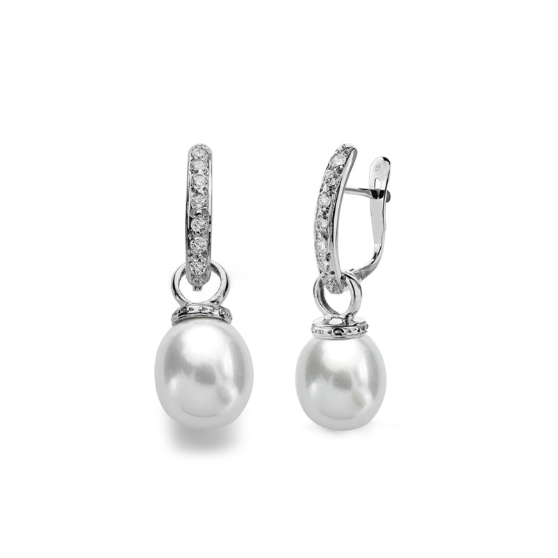 9K PENDIENTES ORO BLANCO PERLA 28X9 MM CIERRE CATALAN