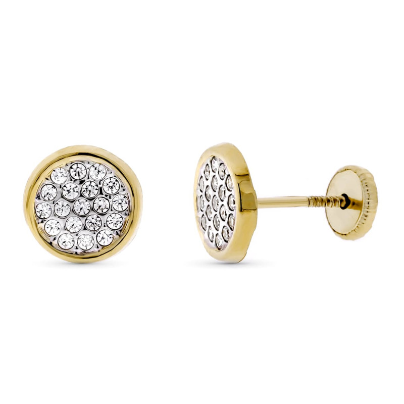 9K PENDIENTES ORO BICOLOR CIRCONITA REDONDOS 8 MM. CIERRE TUERCA