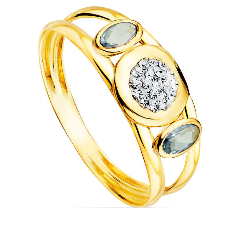 9K SORTIJA ORO AMARILLO DOBLE CUERPO CON AGUAMARINAS OVALES Y MOTIVO REDONDO. ANCHO: 8 MM