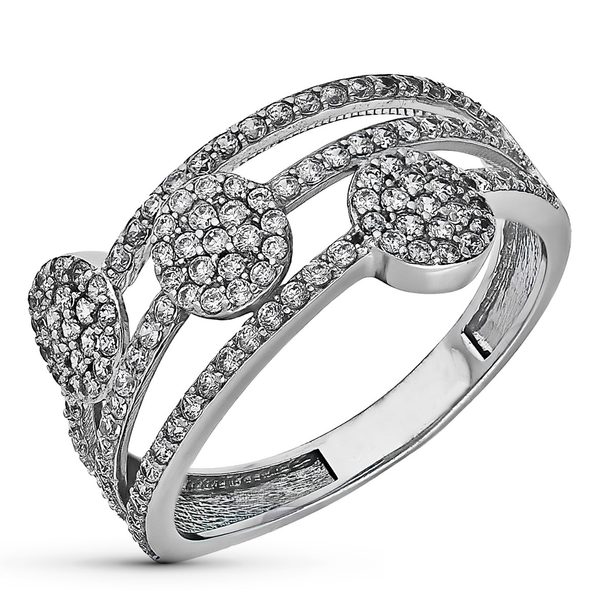 9K SORTIJA ORO BLANCO BANDAS CON MOTIVOS REDONDOS Y CIRCONITAS. ANCHO: 10 MM