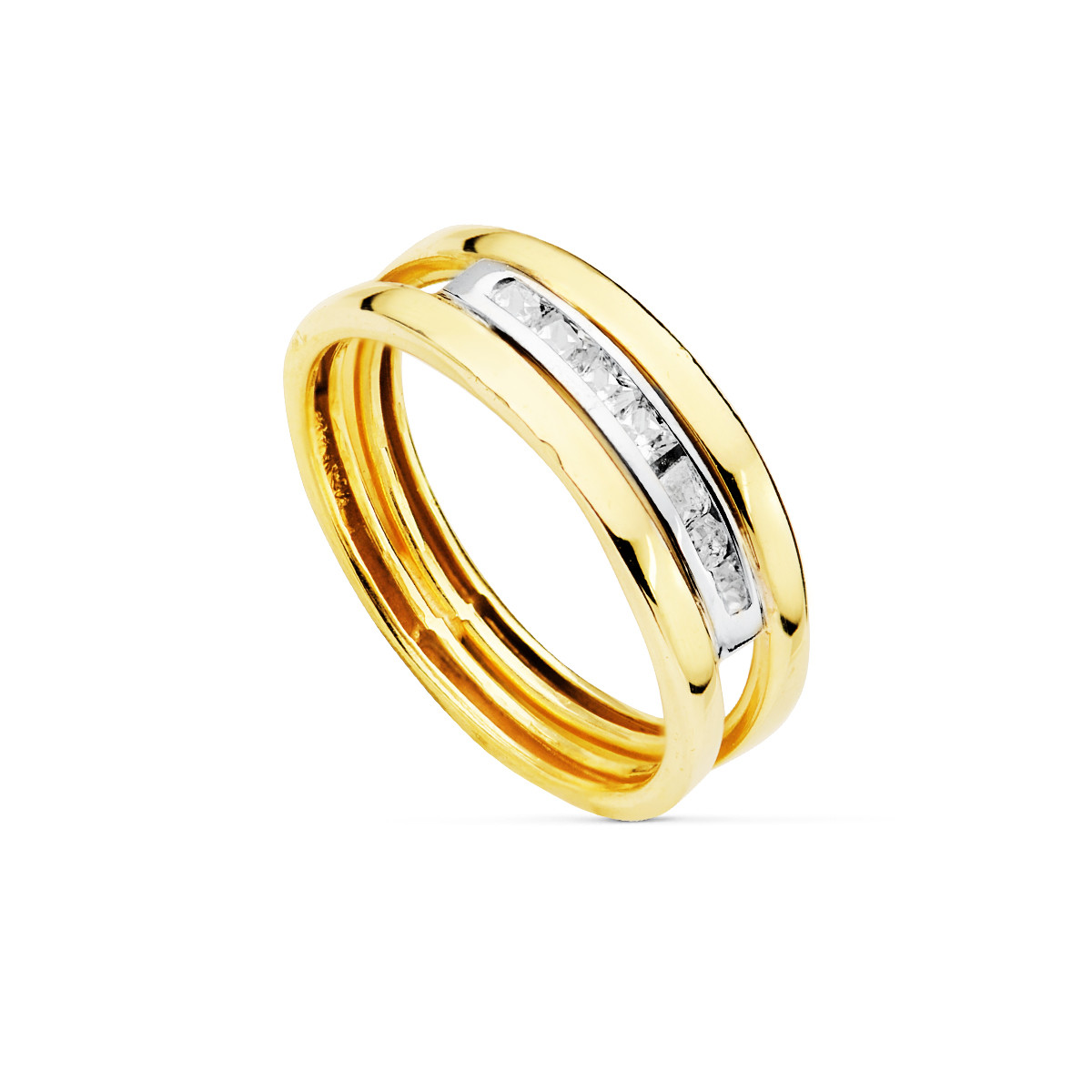 9K SORTIJA ORO BICOLOR DOBLE CUERPO BANDAS CON CIRCONITAS EN CARRIL. ANCHO:  6 MM