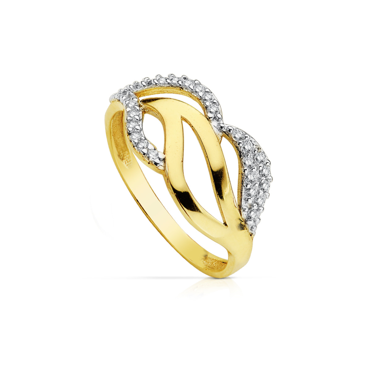 9K SORTIJA ORO BICOLOR MOTIVO CALADO CON ONDAS Y CIRCONITAS. ANCHO: 10 MM