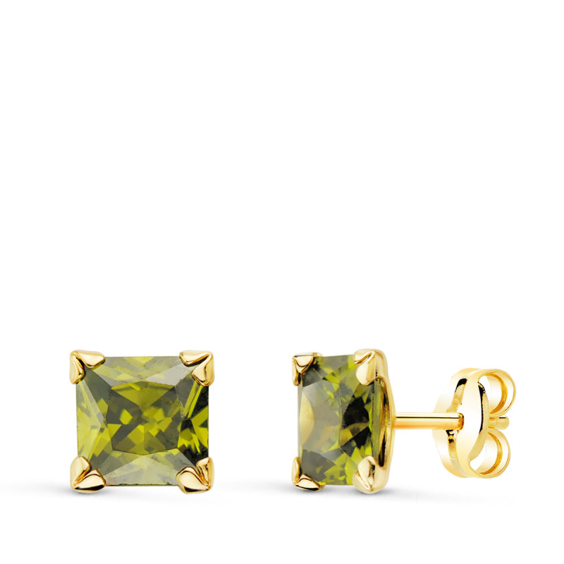 9K PENDIENTES ORO AMARILLO 4 GARRAS OLIVINA NATURAL 6X6 MM 2.30 QTS PRESION