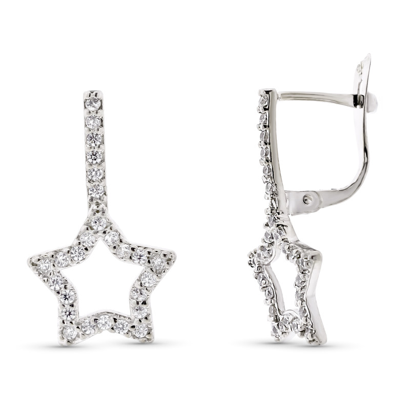 9K PENDIENTES ORO BLANCO DOBLE CUERPO ESTRELLA 20X12 MM CIERRE CATALAN
