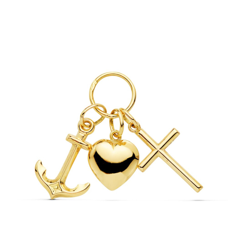 9K COLGANTE ORO AMARILLO TRES VIRTUDES: FE, ESPERANZA Y CARIDAD  25X19 MM