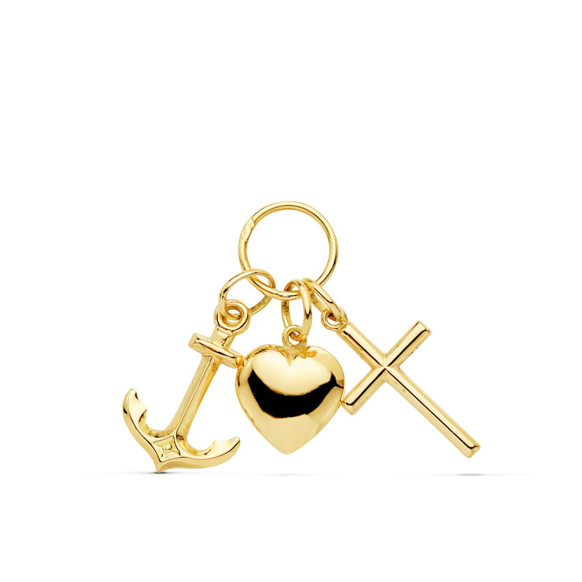 9K COLGANTE ORO AMARILLO TRES VIRTUDES: FE, ESPERANZA Y CARIDAD  25X19 MM