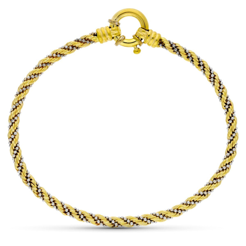 18K PULSERA CORDON ORO BICOLOR CON CADENAS Y BOLITAS. 3.5M