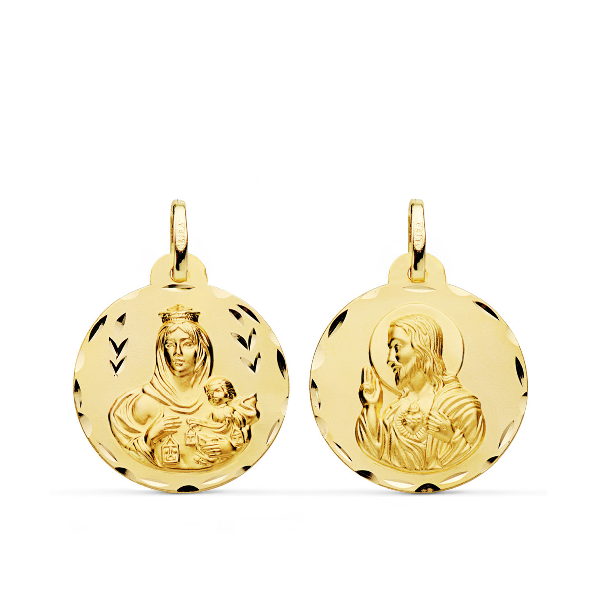 9K ESCAPULARIO ORO AMARILLO TALLADO VIRGEN DEL CARMEN Y CORAZON DE JESUS 22 MM