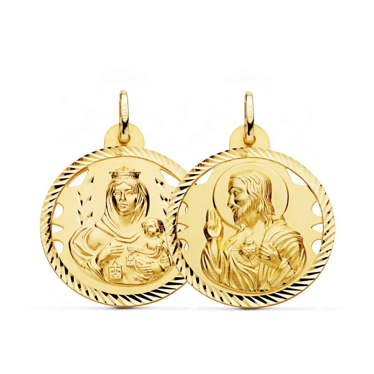 9K ESCAPULARIO ORO AMARILLO HELICE CALADO VIRGEN CARMEN Y CORAZON DE JESUS 28 MM