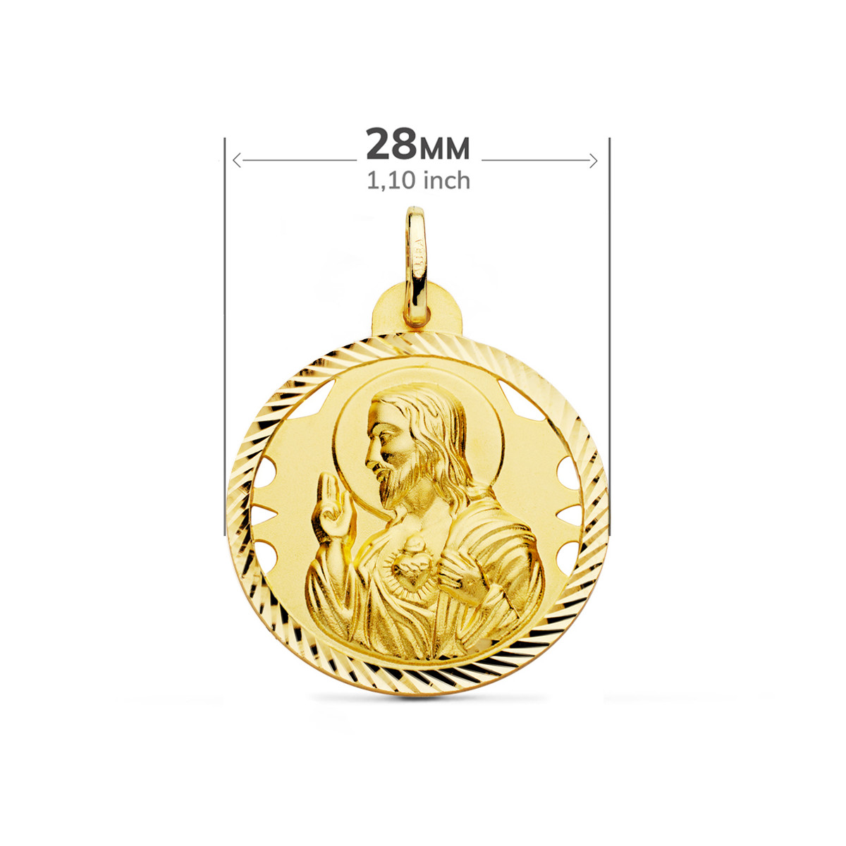 9K ESCAPULARIO ORO AMARILLO HELICE CALADO VIRGEN CARMEN Y CORAZON DE JESUS 28 MM
