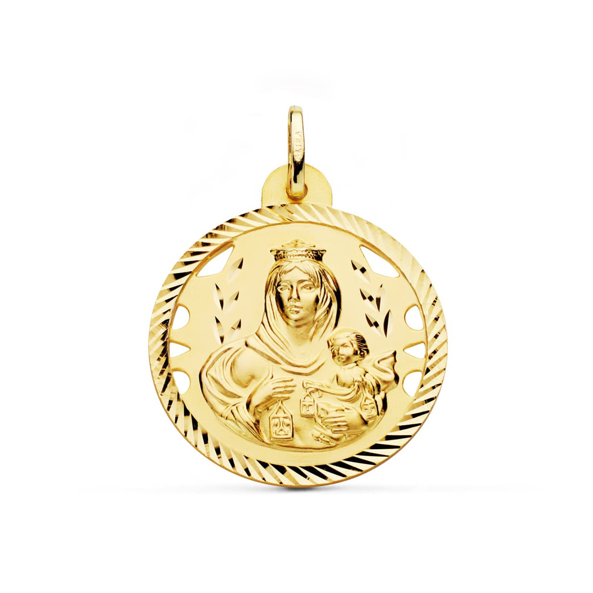 9K ESCAPULARIO ORO AMARILLO HELICE CALADO VIRGEN CARMEN Y CORAZON DE JESUS 28 MM