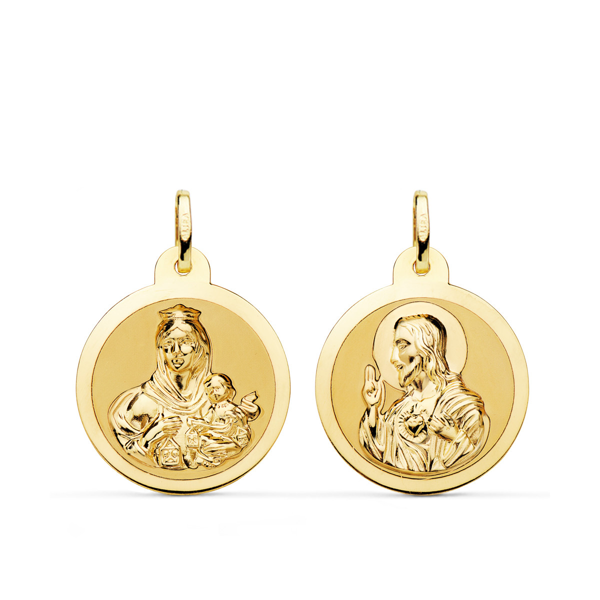 9K ESCAPULARIO ORO AMARILLO BRILLO VIRGEN DEL CARMEN Y CORAZON DE JESUS 22 MM