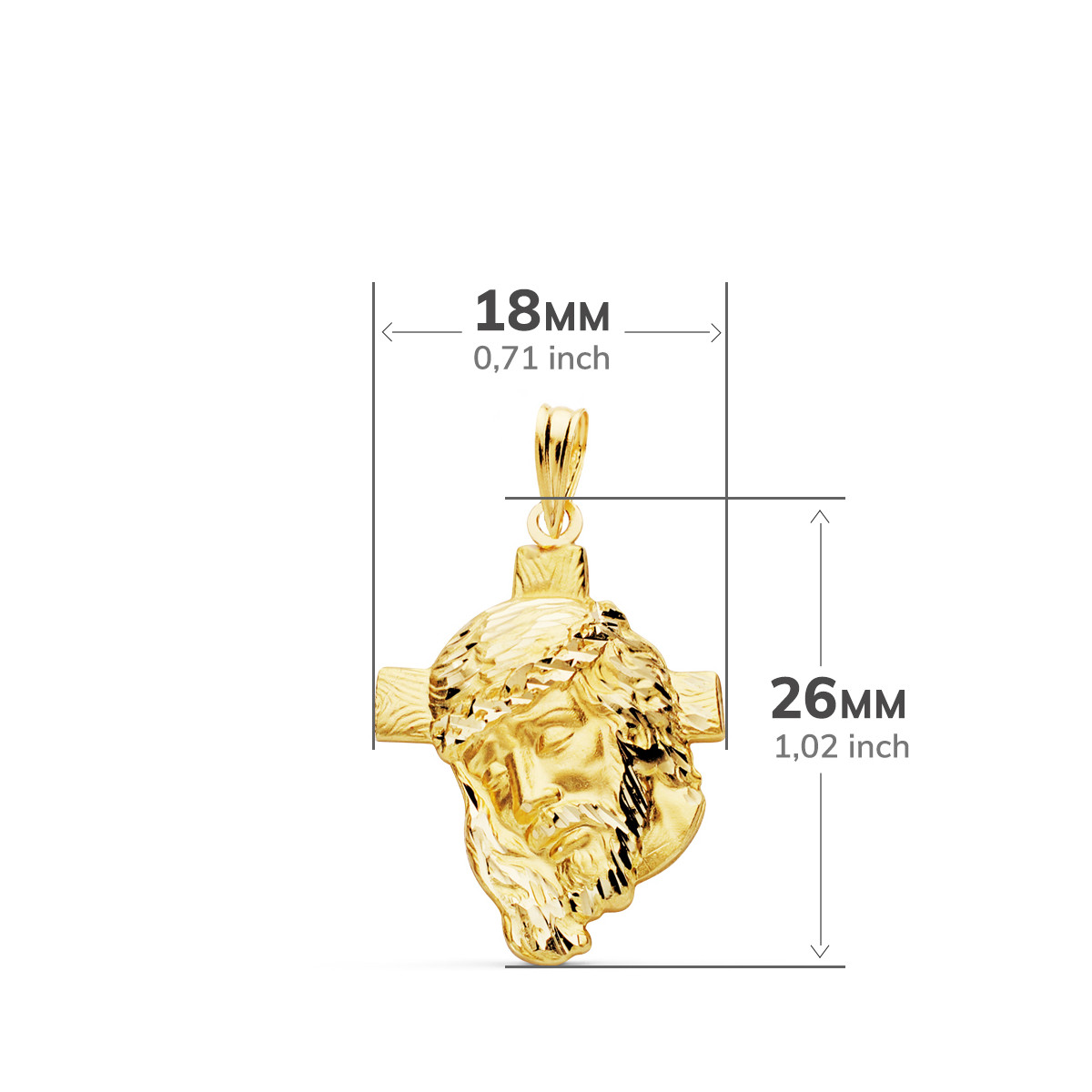 9K COLGANTE COLGANTE ORO AMARILLO CABEZA DE CRISTO  CON CRUZ. 26X18 MM