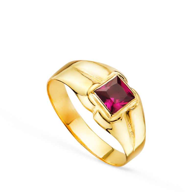 18K SOLITARIO ORO AMARILLO PEQUEÑO BEBE O MEÑIQUE CIRCONITA ROJA CUADRADA 3,5MM