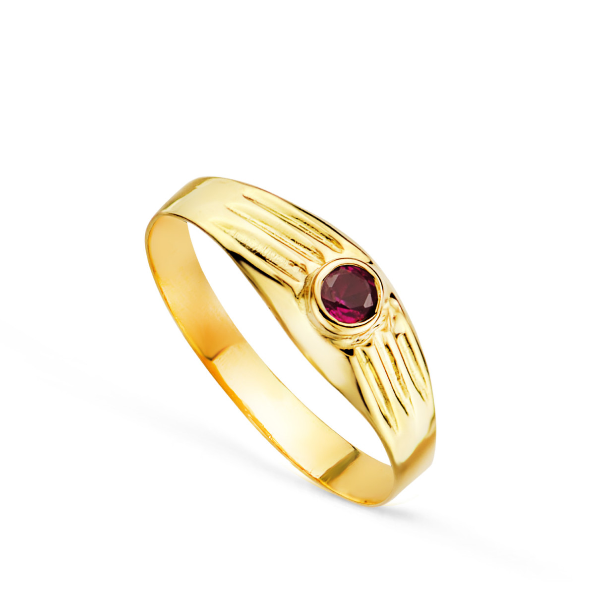 18K SOLITARIO ORO AMARILLO HUECO DE BEBE O MEÑIQUE CIRCONITA ROJA 3MM LATERAL GALLONEADO