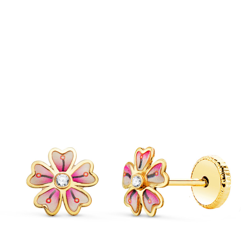 18K PENDIENTES ORO AMARILLO FLOR ROSA CON CIRCONITA. MEDIDA: 6 X 6MM. CIERRE TUERCA