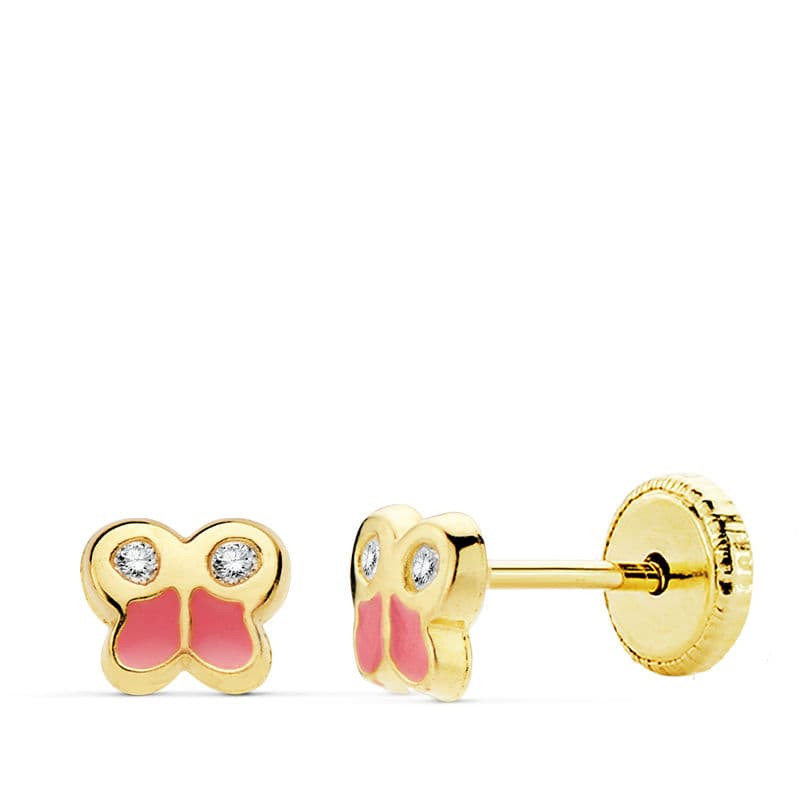 18K PENDIENTES ORO AMARILLO MARIPOSA ESMALTE 5X4.5 MM. CIERRE TUERCA