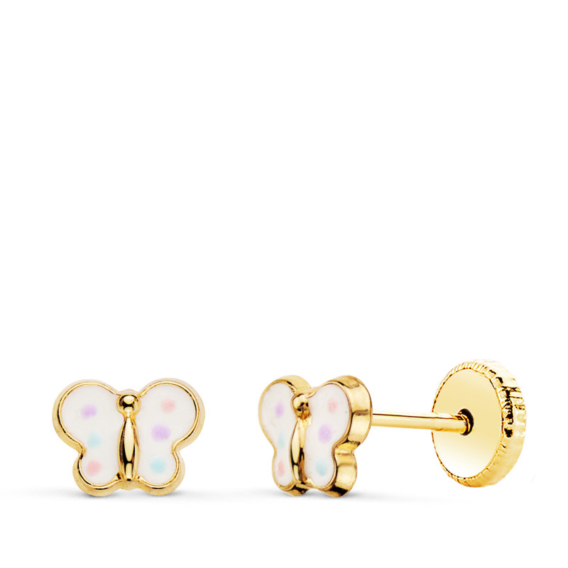 18K PENDIENTES ORO AMARILLO MARIPOSA ESMALTE 6 X 4,5 MM CIERRE TUERCA