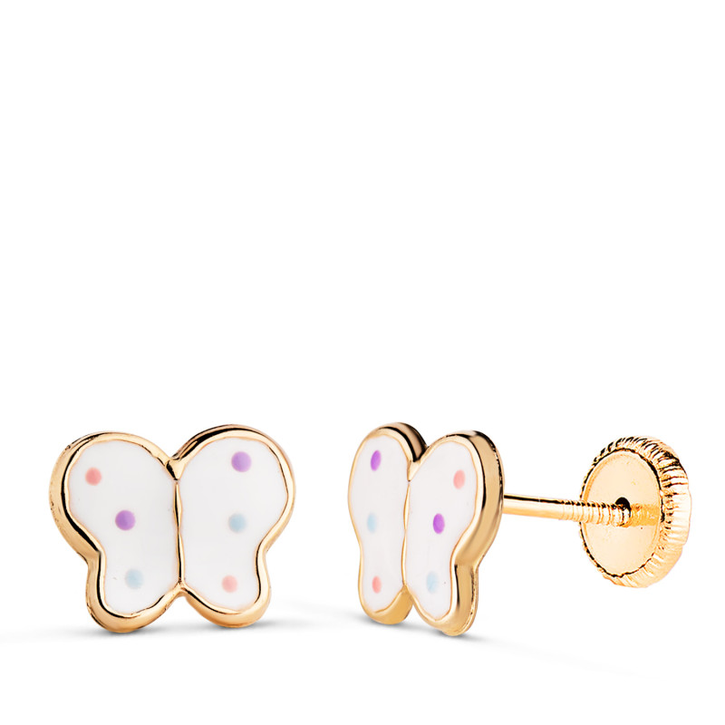 18K PENDIENTES ORO AMARILLO MARIPOSAS ESMALTE BLANCO. MEDIDA: 8 X 6,5 MM.CIERRE TUERCA