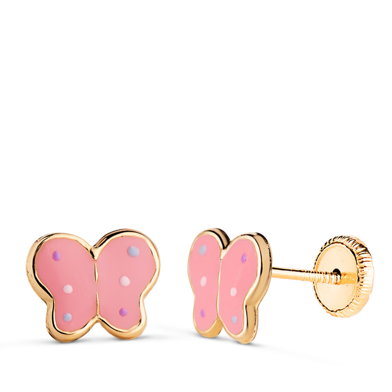 18K PENDIENTES ORO AMARILLO MARIPOSAS ESMALTE ROSA. MEDIDA: 8 X 6,5 MM. CIERRE TUERCA