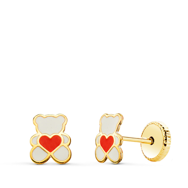 18K PENDIENTES ORO AMARILLO OSO ESMALTE BLANCO Y CORAZON. 6 X 4.5 MM. CIERRE TUERCA