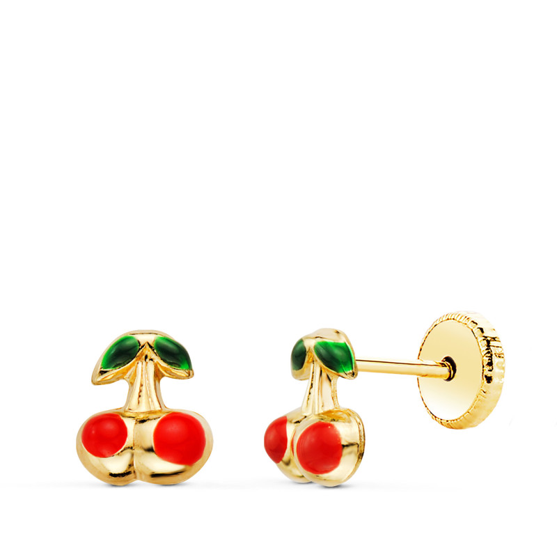 18K PENDIENTES ORO AMARILLO CEREZAS ESMALTE 6X5 MM. CIERRE TUERCA