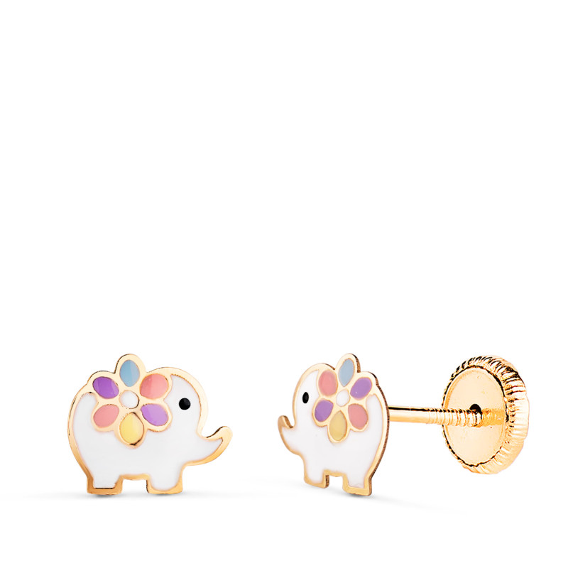 18K PENDIENTES ORO AMARILLO ELEFANTES ESMALTADOS. MEDIDA: 7 X 6 MM. CIERRE TUERCA