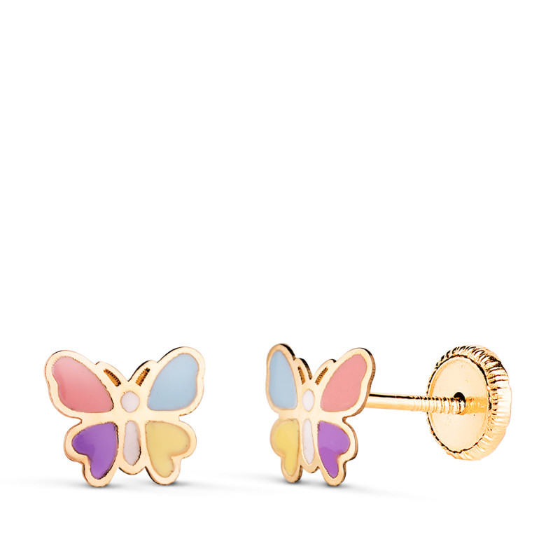 18K PENDIENTES ORO AMARILLO MARIPOSAS ESMALTADAS. MEDIDA: 7 X 6 MM. CIERRE TUERCA