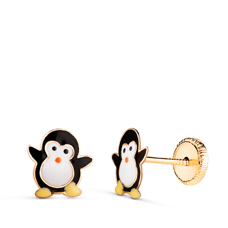 18K PENDIENTES ORO AMARILLO PINGUINOS ESMALTADOS. MEDIDA: 8 X 7 MM. CIERRE TUERCA