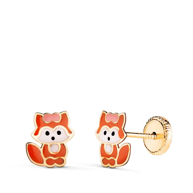18K PENDIENTES ORO AMARILLO ZORRO ESMALTADO. MEDIDA: 7,5 X 7 MM. CIERRE TUERCA