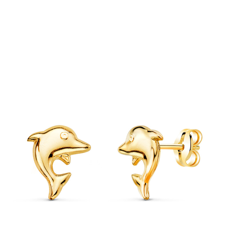18K PENDIENTES ORO AMARILLO DELFINES LISOS 8 X 6 MM. CIERRE PRESION
