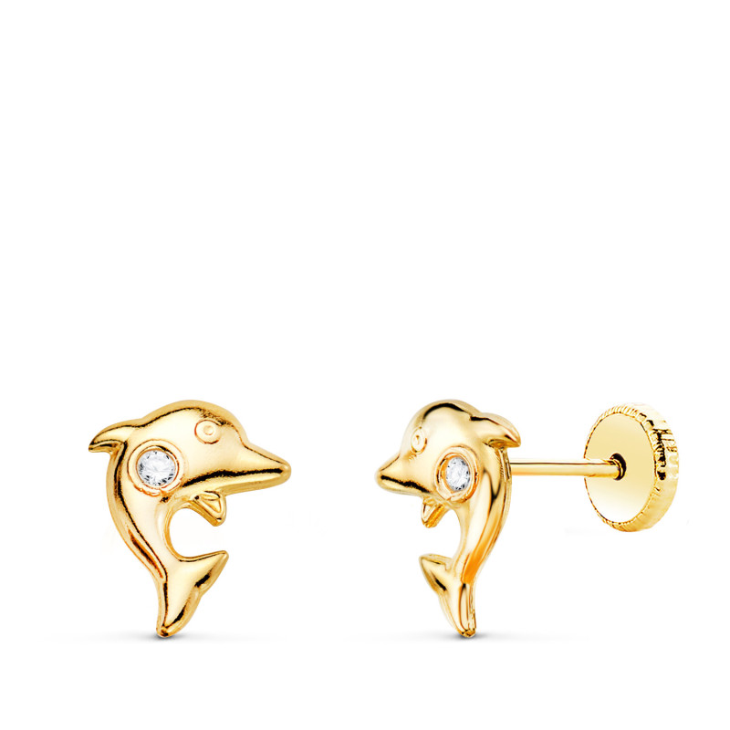 18K PENDIENTES ORO AMARILLO DELFIN CON  CIRCONITA  5.5 X 4 MM CIERRE TUERCA
