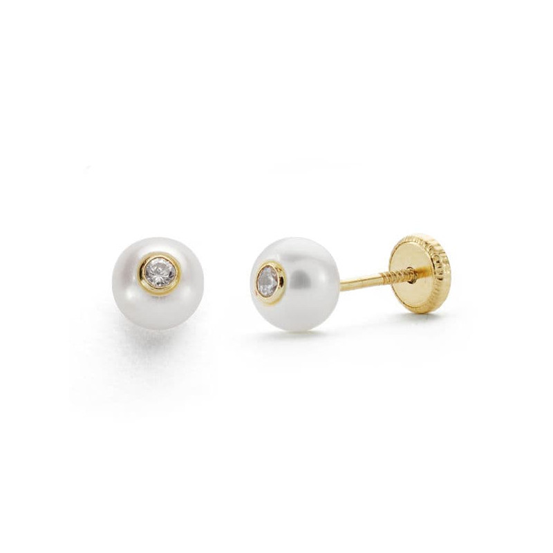 18K PENDIENTES ORO AMARILLO PERLA 5 MM CIRCONITA CIERRE TUERCA